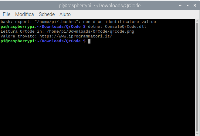 Figura 2 – Il risultato della lettura del qr code nella console di Raspberry 