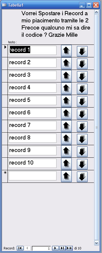 ordinare i record a piacimento tramite due pulsanti