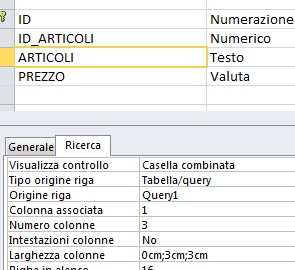 Proprietà campo articoli di quella che tu hai chiamato tabella2