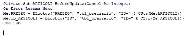 Codice da mettere nell'evento dopo aggiornamento del controllo Articoli nella maschera