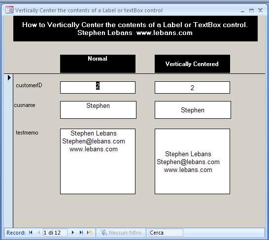 Maschera "customer" di A2KVerticalJustifyVer1.mdb - Stephen Lebans