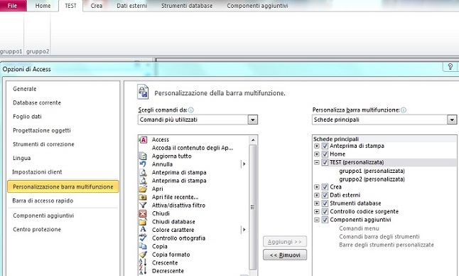 Prova di creazione tab nelle opzioni di access