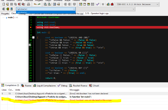 Screen principale del programma "Tabelle di verità ed operatori logici"